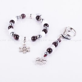 Gránát-Fazettált Roppantott Hegyikristály-Ezüst Hematit - Ezüst Hópehely + Kulcstartó